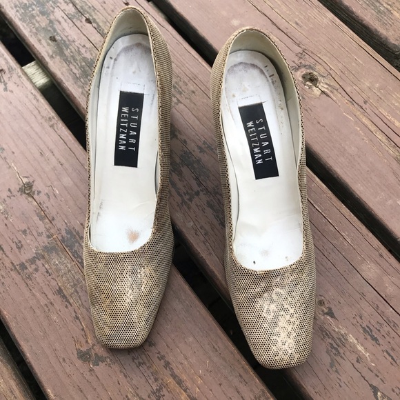 Stuart Weitzman Snake Print Heels Block Heel Gold & Brown Size 7 - Picture 4 of 16